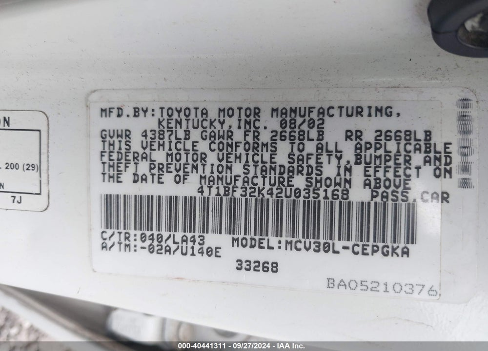 2002 TOYOTA CAMRY XLE V6 VIN: 4T1BF32K42U035168