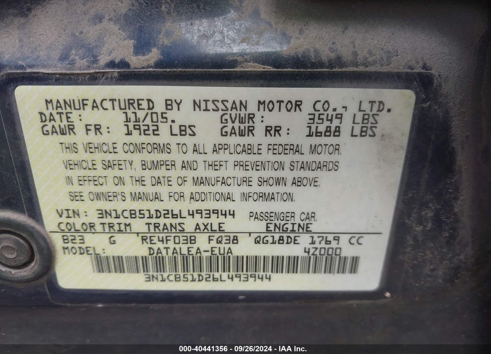 2006 NISSAN SENTRA 1.8S VIN: 3N1CB51D26L493944
