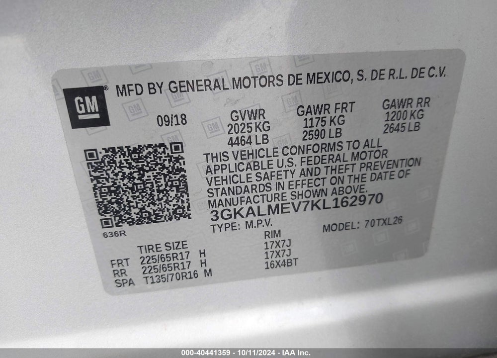 2019 GMC TERRAIN SLE VIN: 3GKALMEV7KL162970