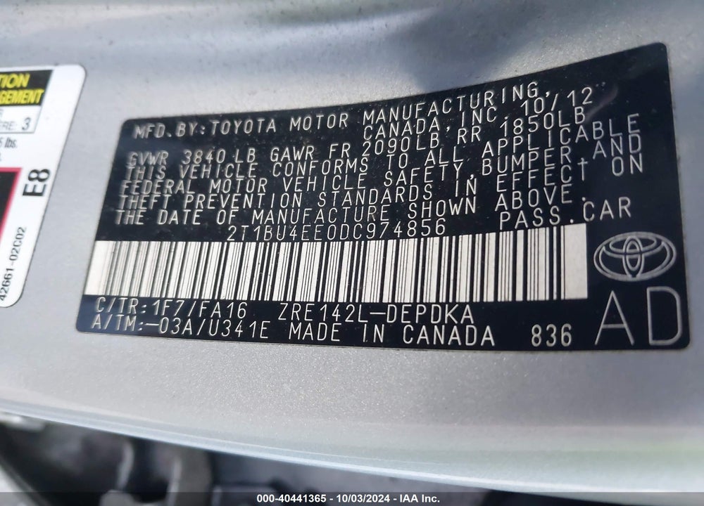 2013 TOYOTA COROLLA L VIN: 2T1BU4EE0DC974856