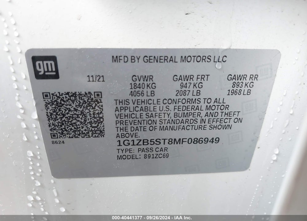 2021 CHEVROLET MALIBU FWD LS VIN: 1G1ZB5ST8MF086949