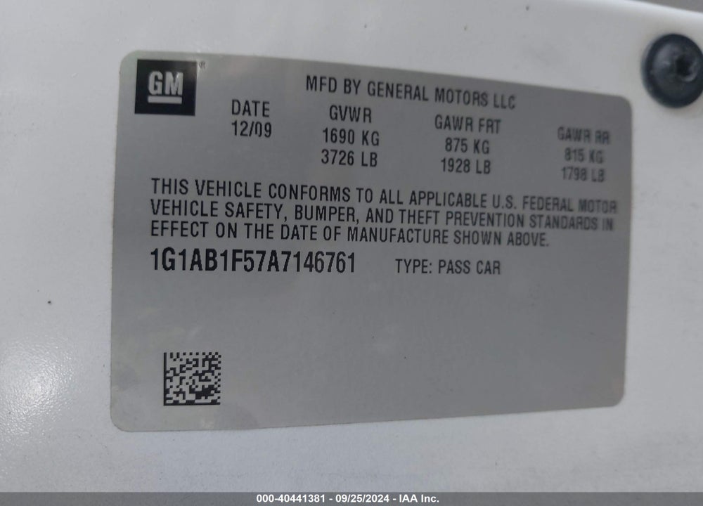 2010 CHEVROLET COBALT LS VIN: 1G1AB1F57A7146761