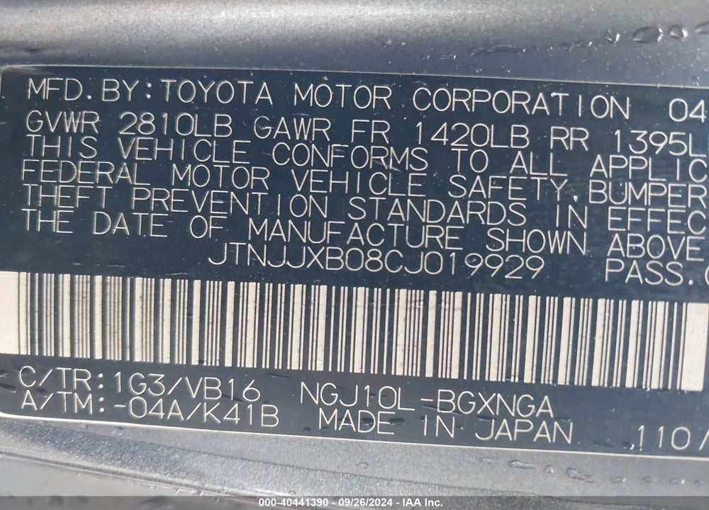 2012 SCION IQ VIN: JTNJJXB08CJ019929