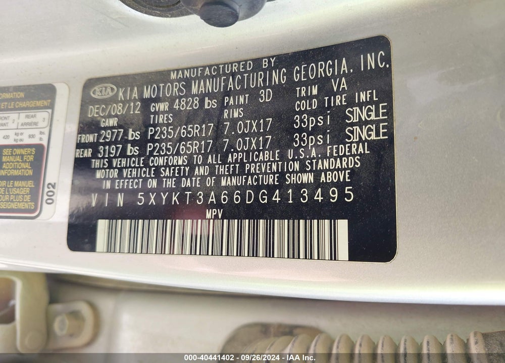 2013 KIA SORENTO LX VIN: 5XYKT3A66DG413495