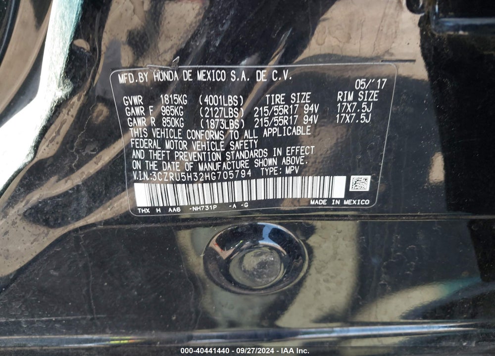 2017 HONDA HR-V LX VIN: 3CZRU5H32HG705794