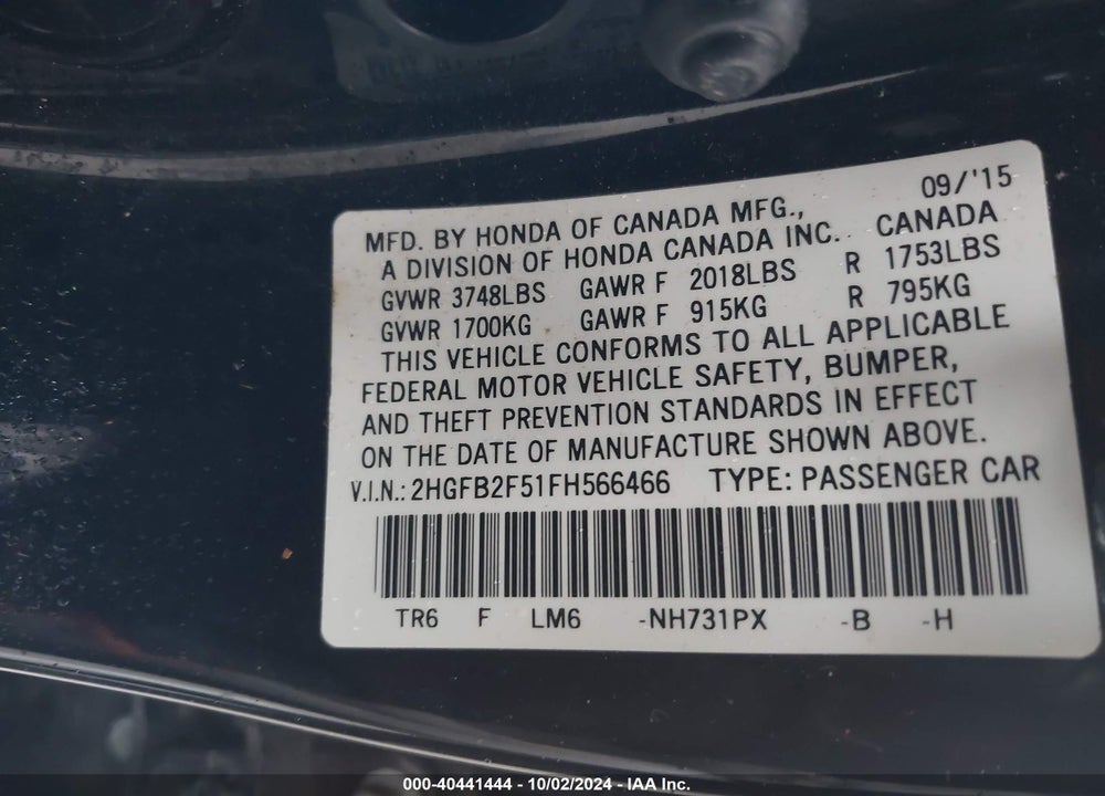 2015 HONDA CIVIC LX VIN: 2HGFB2F51FH566466