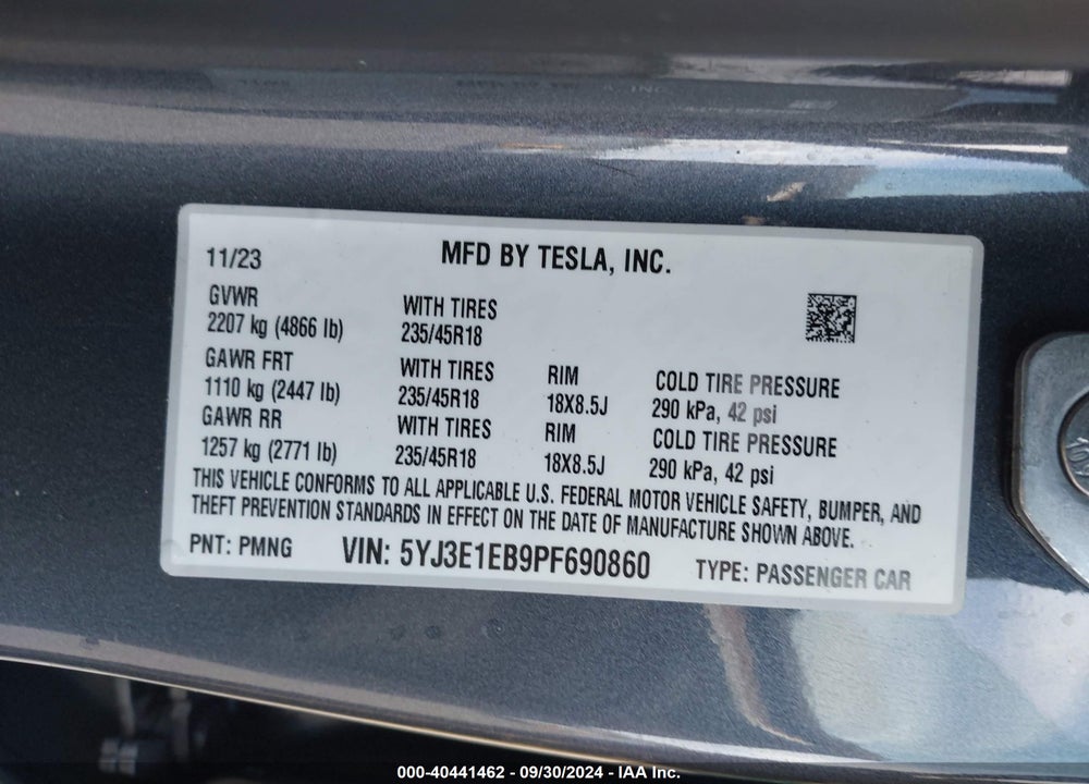 2023 TESLA MODEL 3 LONG RANGE DUAL MOTOR ALL-WHEEL DRIVE VIN: 5YJ3E1EB9PF690860