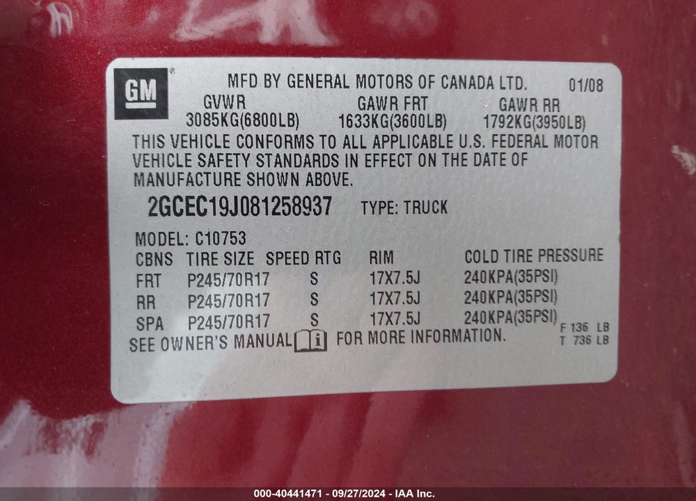 2008 CHEVROLET SILVERADO 1500 LT1 VIN: 2GCEC19J081258937