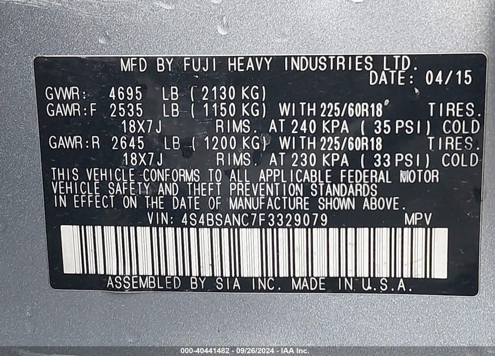 2015 SUBARU OUTBACK 2.5I LIMITED VIN: 4S4BSANC7F3329079