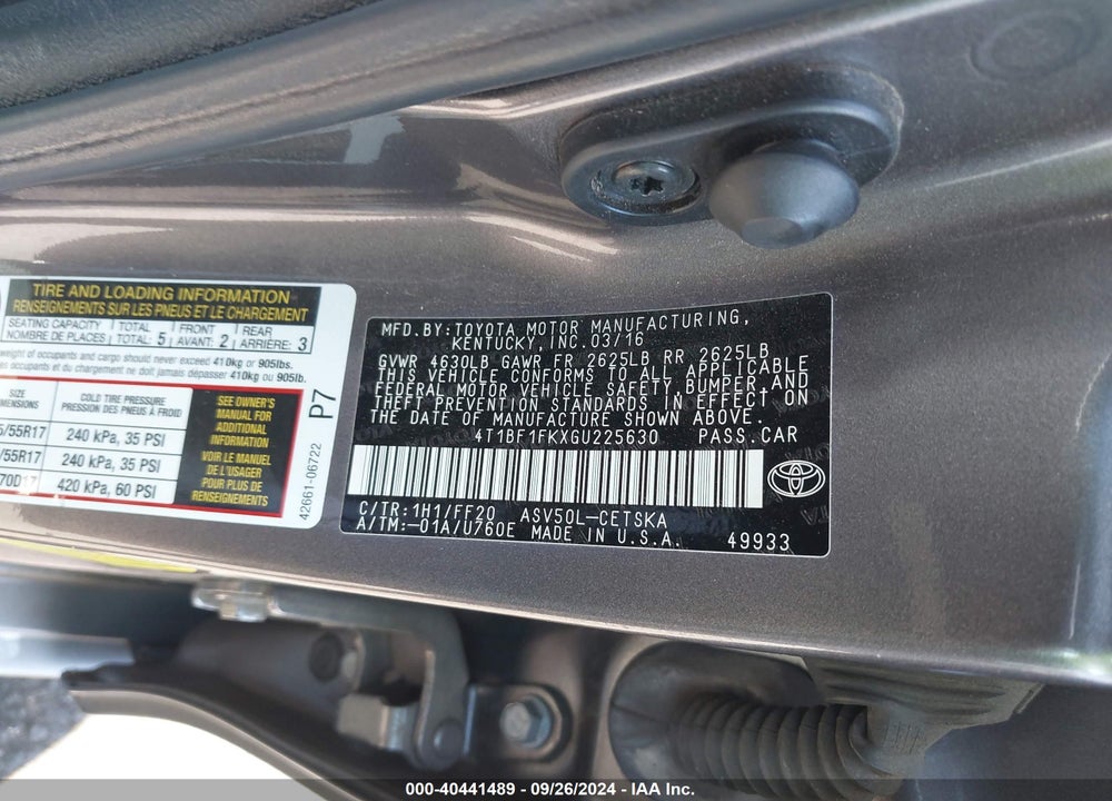 2016 TOYOTA CAMRY SE VIN: 4T1BF1FKXGU225630