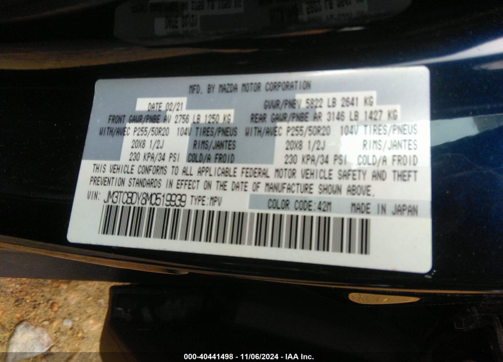 2021 MAZDA CX-9 GRAND TOURING VIN: JM3TCBDY8M0519939