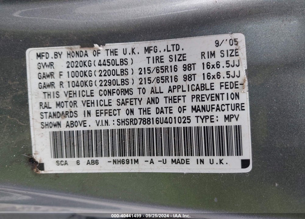2006 HONDA CR-V EX VIN: SHSRD78816U401025