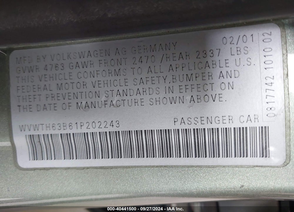 2001 VOLKSWAGEN PASSAT GLX VIN: WVWTH63B61P202243