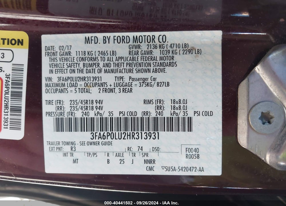 2017 FORD FUSION HYBRID SE VIN: 3FA6P0LU2HR313931