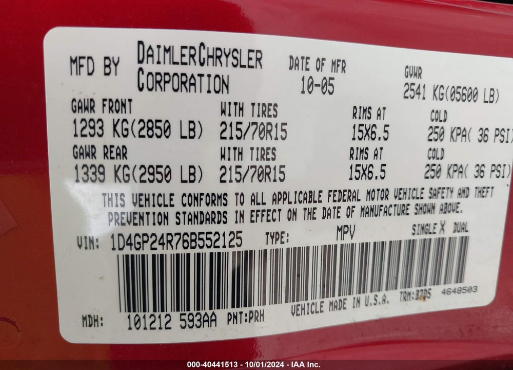 2006 DODGE GRAND CARAVAN SE VIN: 1D4GP24R76B552125