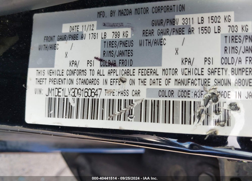 2013 MAZDA 2 TOURING VIN: JM1DE1LY3D0160647