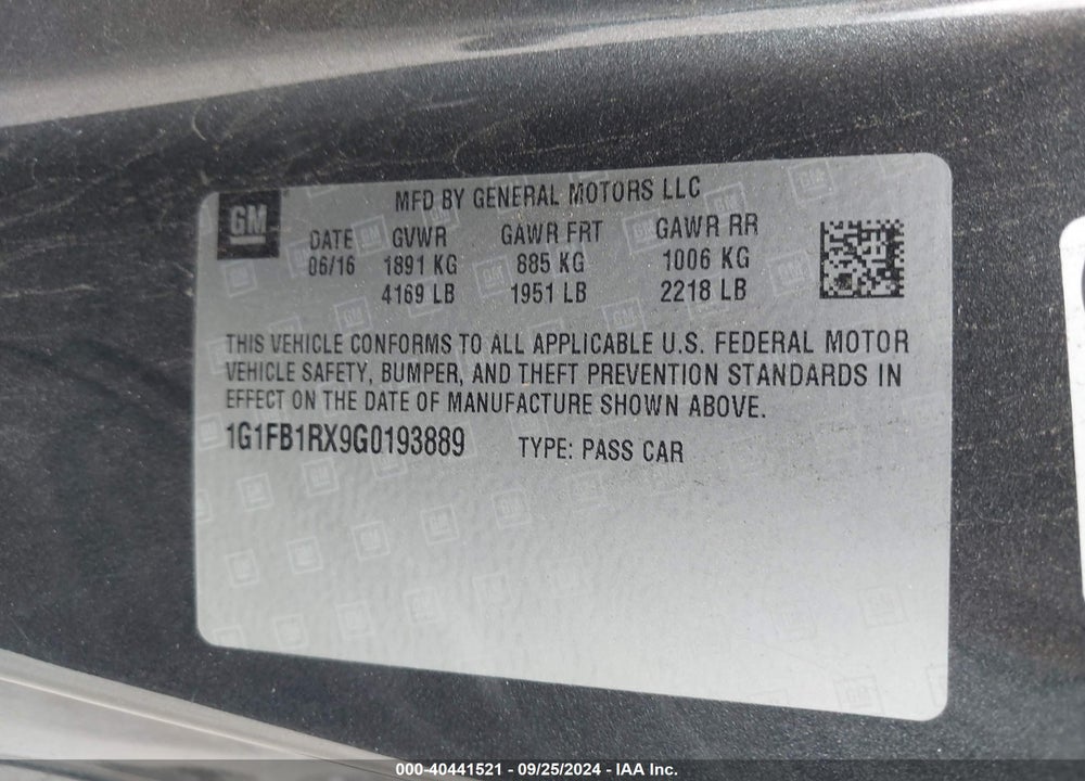 2016 CHEVROLET CAMARO 1LT VIN: 1G1FB1RX9G0193889