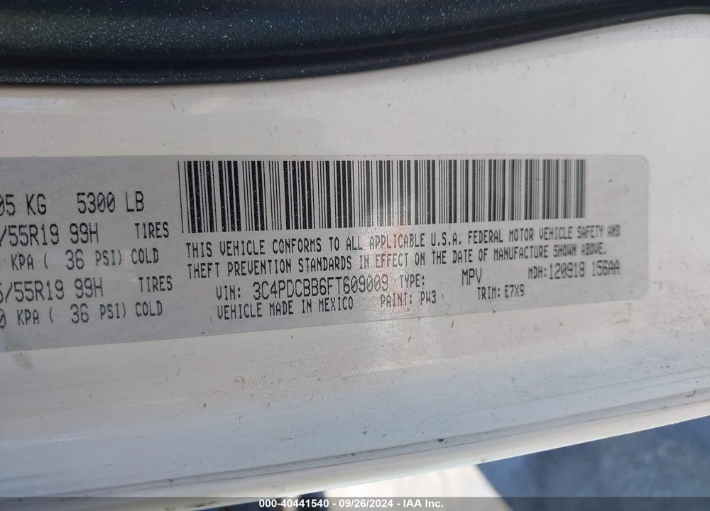 2015 DODGE JOURNEY SXT VIN: 3C4PDCBB6FT609009