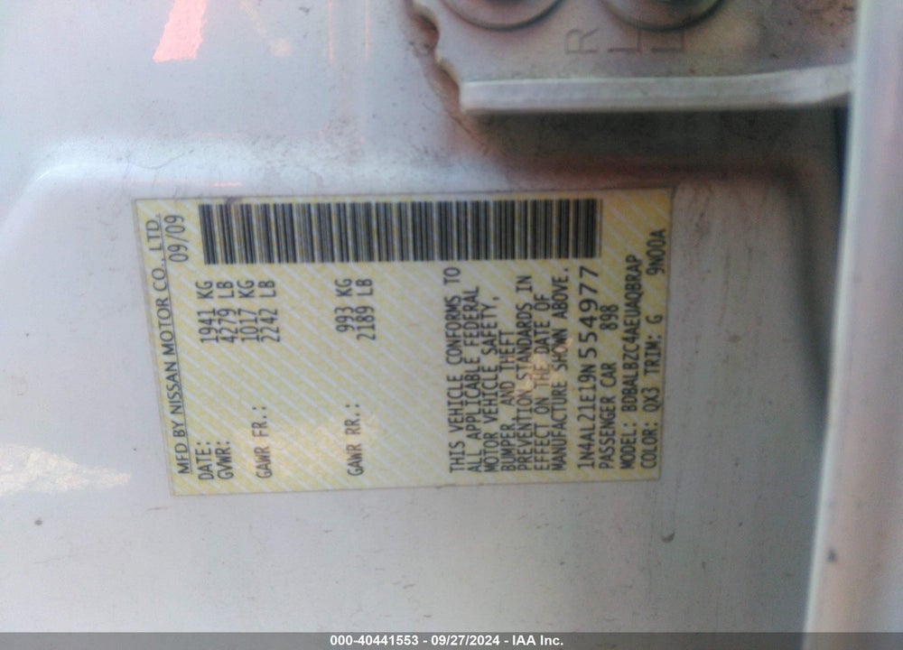 2009 NISSAN ALTIMA 2.5 S VIN: 1N4AL21E19N554977