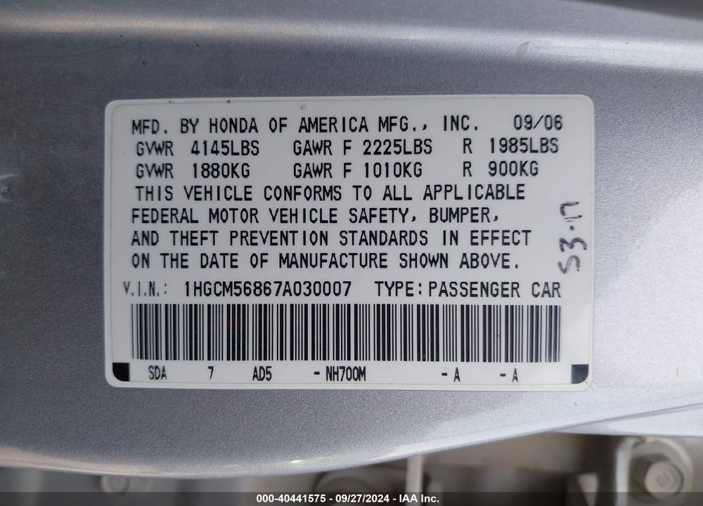 2007 HONDA ACCORD 2.4 EX VIN: 1HGCM56867A030007