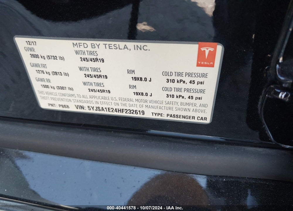 2017 TESLA MODEL S 100D/60D/75D/90D/P100D VIN: 5YJSA1E24HF232619