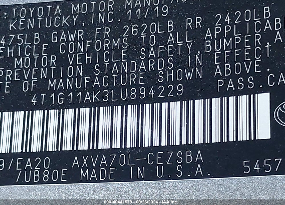 2020 TOYOTA CAMRY SE VIN: 4T1G11AK3LU894229