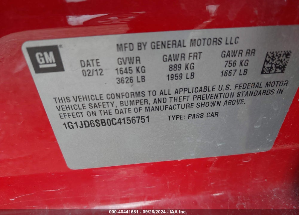 2012 CHEVROLET SONIC 1LT VIN: 1G1JD6SB0C4156751