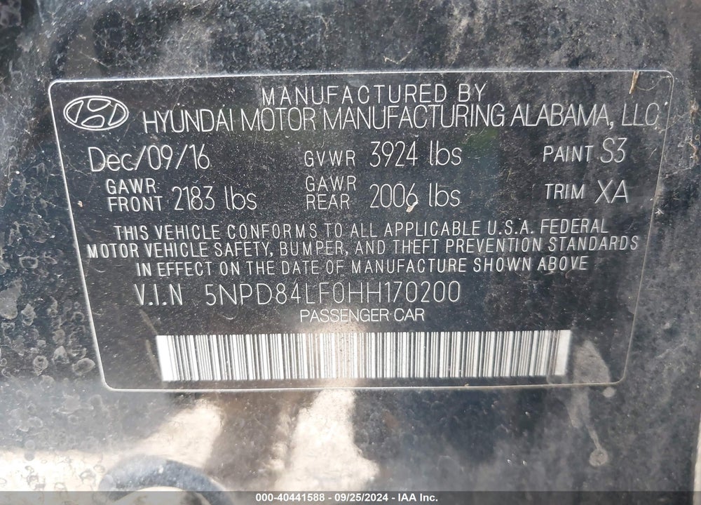 2017 HYUNDAI ELANTRA VALUE EDITION VIN: 5NPD84LF0HH170200