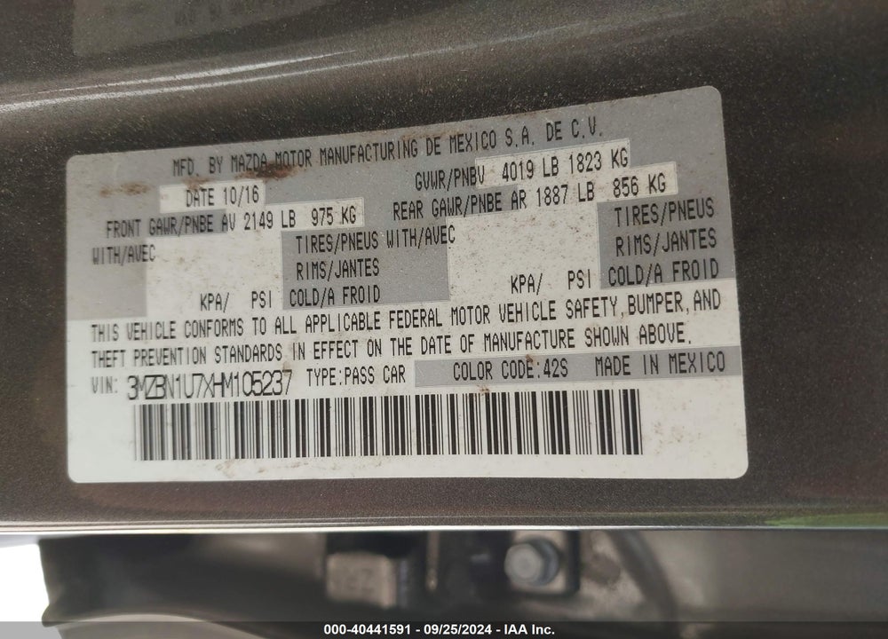 2017 MAZDA 3 SPORT VIN: 3MZBN1U7XHM105237