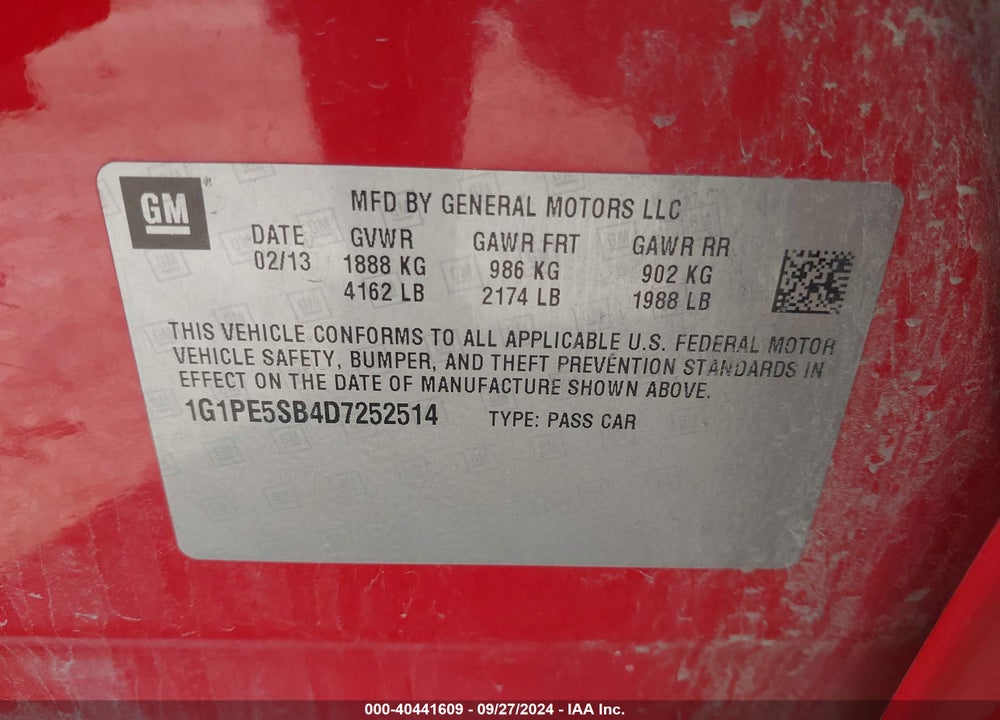 2013 CHEVROLET CRUZE 2LT AUTO VIN: 1G1PE5SB4D7252514