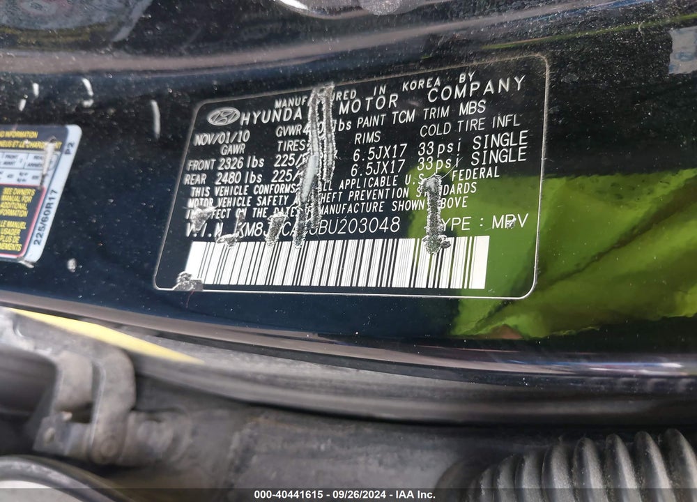 2011 HYUNDAI TUCSON GLS VIN: KM8JUCAC8BU203048