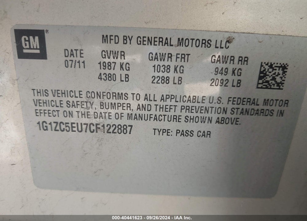 2012 CHEVROLET MALIBU 1LT VIN: 1G1ZC5EU7CF122887