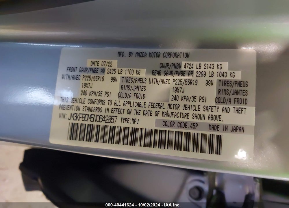 2022 MAZDA CX-5 2.5 S PREMIUM VIN: JM3KFBDM5N0642857