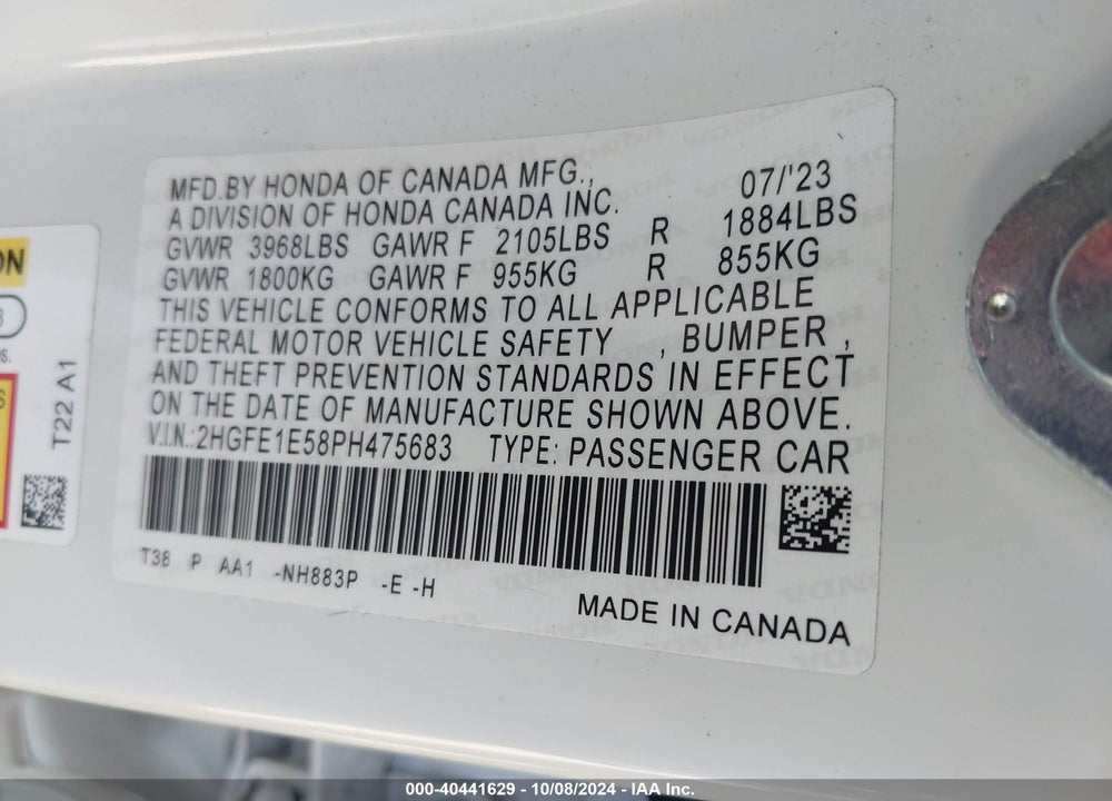 2023 HONDA CIVIC SI SEDAN VIN: 2HGFE1E58PH475683