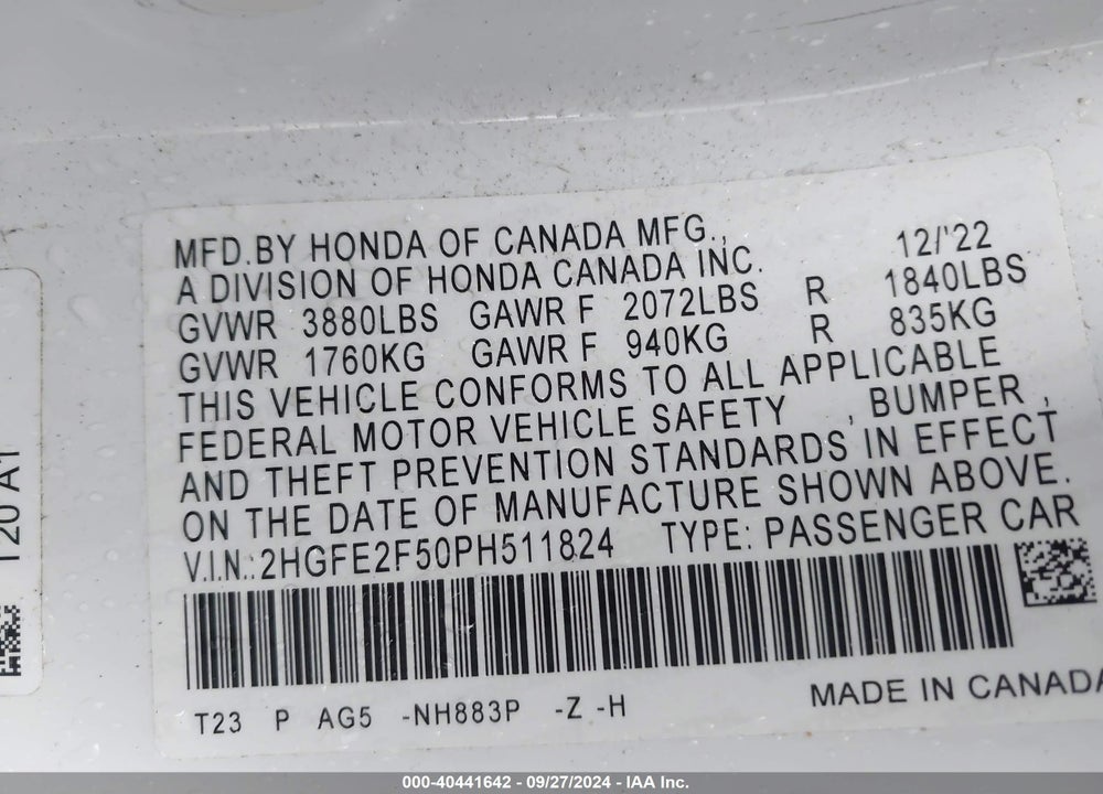2023 HONDA CIVIC SPORT VIN: 2HGFE2F50PH511824