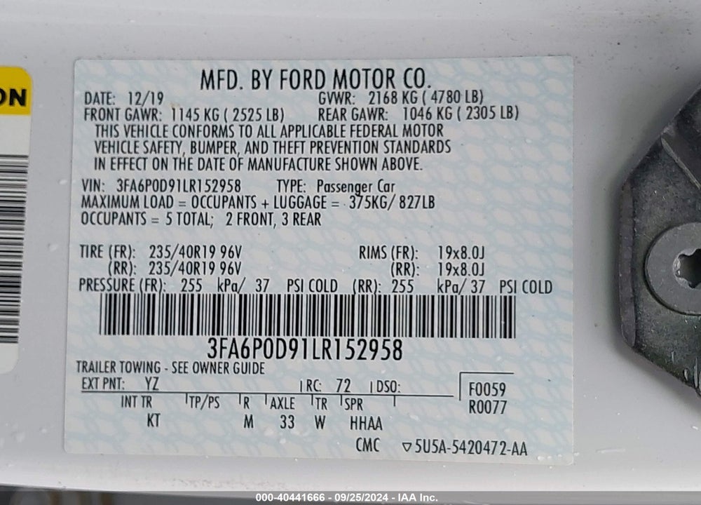 2020 FORD FUSION TITANIUM VIN: 3FA6P0D91LR152958