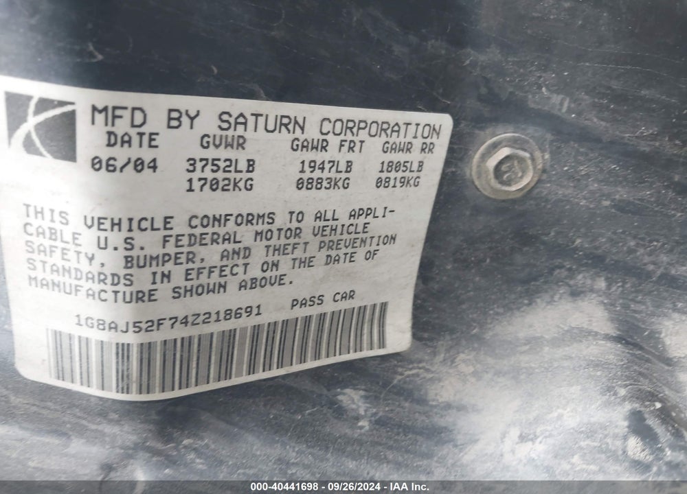 2004 SATURN ION 2 VIN: 1G8AJ52F74Z218691