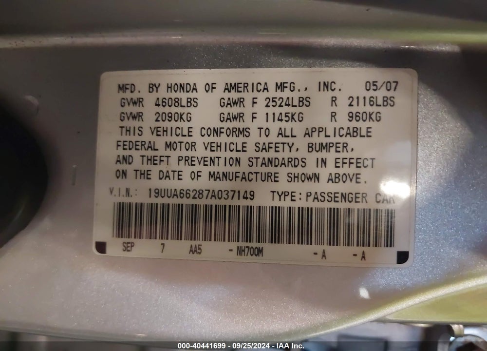 2007 ACURA TL VIN: 19UUA66287A037149