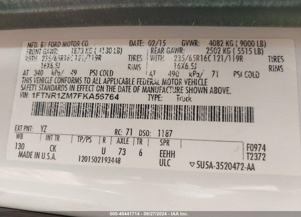 2015 FORD TRANSIT-250 VIN: 1FTNR1ZM7FKA56764