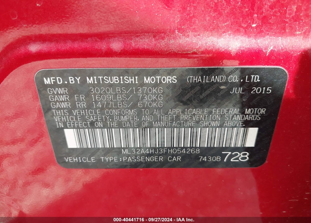 2015 MITSUBISHI MIRAGE ES VIN: ML32A4HJ3FH054268