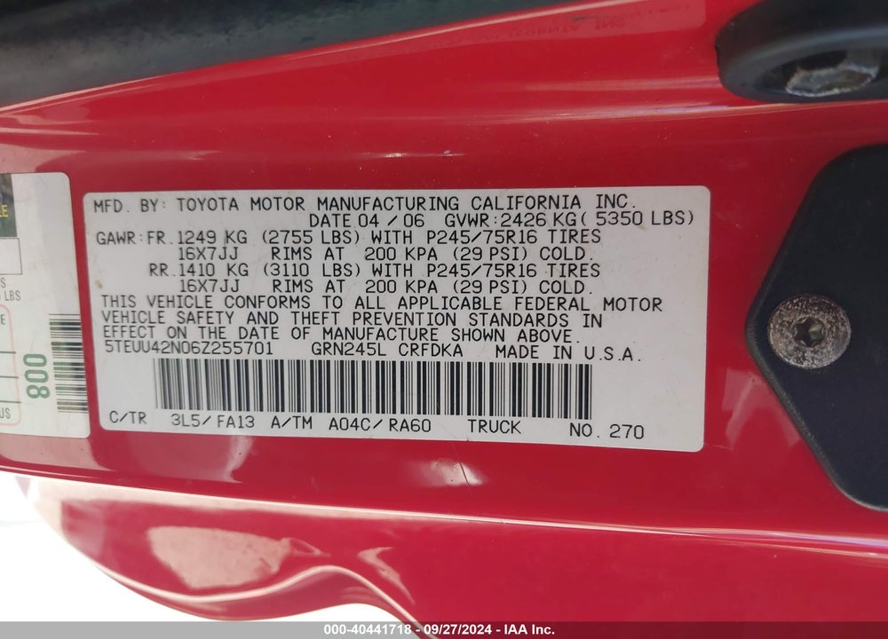 2006 TOYOTA TACOMA BASE V6 VIN: 5TEUU42N06Z255701