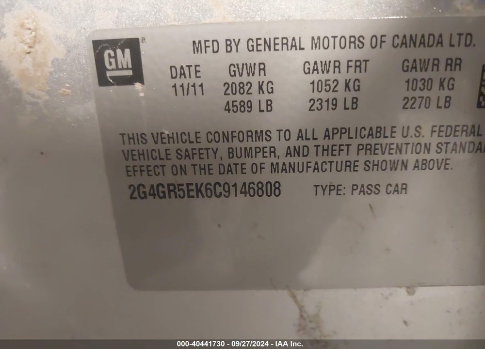 2012 BUICK REGAL VIN: 2G4GR5EK6C9146808