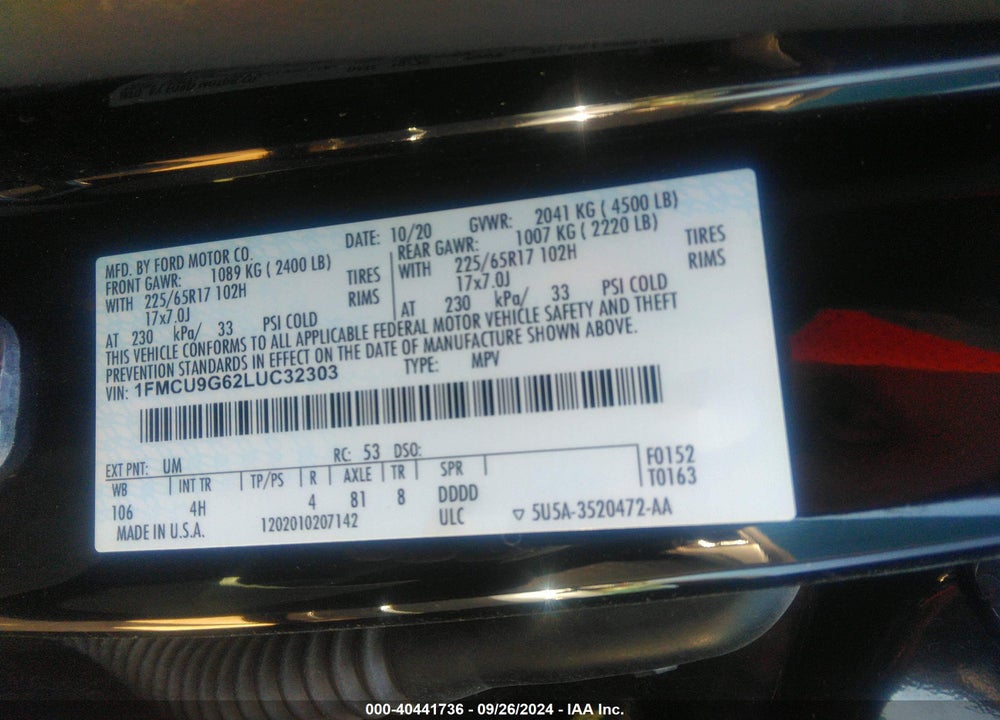 2020 FORD ESCAPE SE VIN: 1FMCU9G62LUC32303