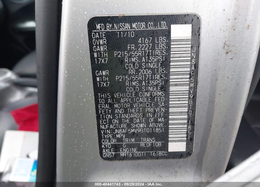 2011 NISSAN JUKE SL VIN: JN8AF5MV9BT011851