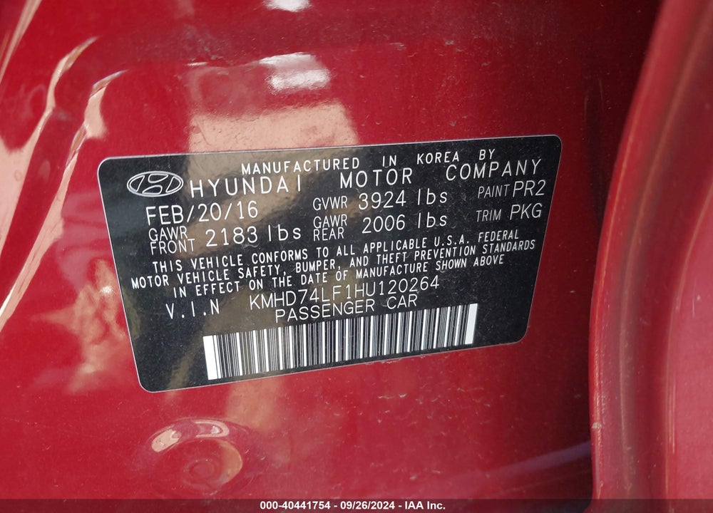 2017 HYUNDAI ELANTRA SE VIN: KMHD74LF1HU120264