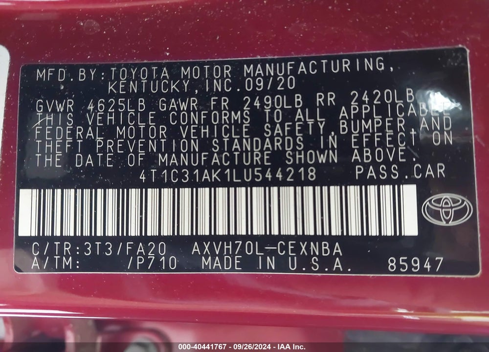 2020 TOYOTA CAMRY VIN: 4T1C31AK1LU544218