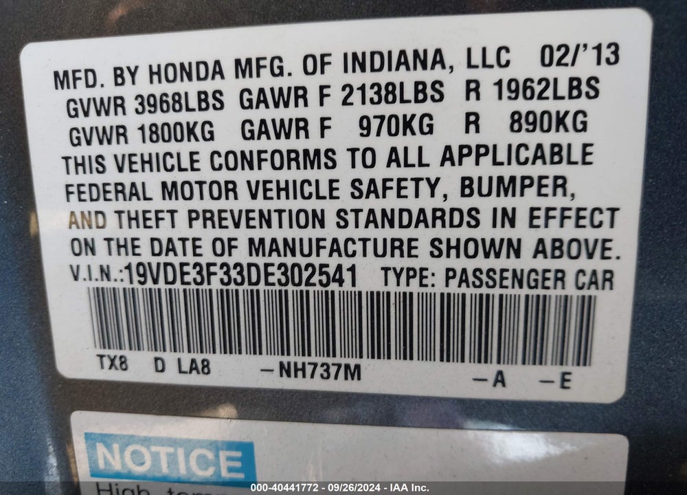 2013 ACURA ILX HYBRID 1.5L VIN: 19VDE3F33DE302541