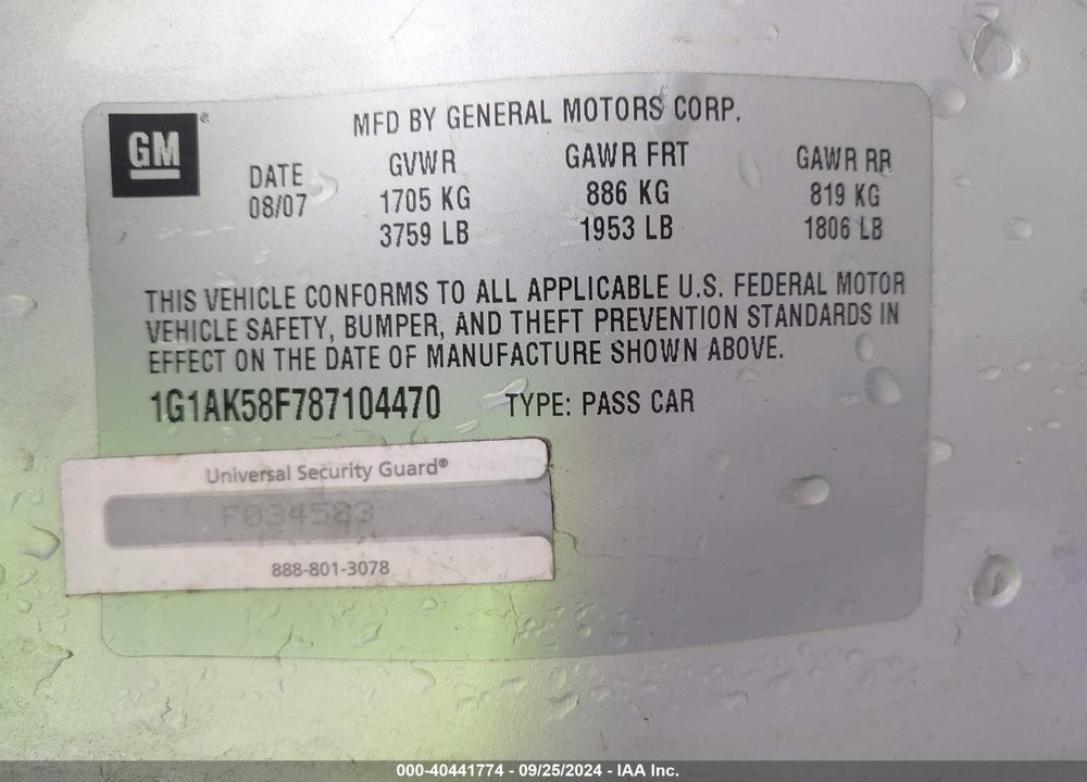 2008 CHEVROLET COBALT LS VIN: 1G1AK58F787104470