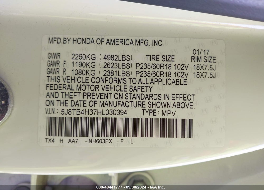 2017 ACURA RDX WATCH PLUS PACKAGE VIN: 5J8TB4H37HL030394