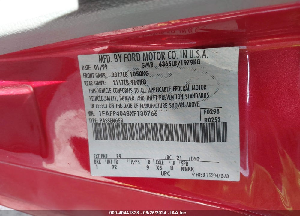 1999 FORD MUSTANG VIN: 1FAFP4048XF130766